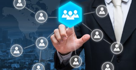 Businessman hand touch businessman icon network – HR,HRM,MLM, teamwork & leadership concept